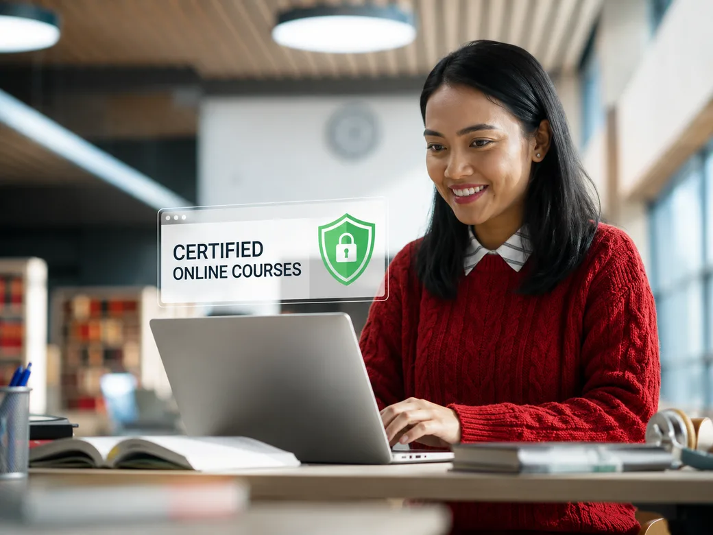 A learner following an online course on a laptop at home