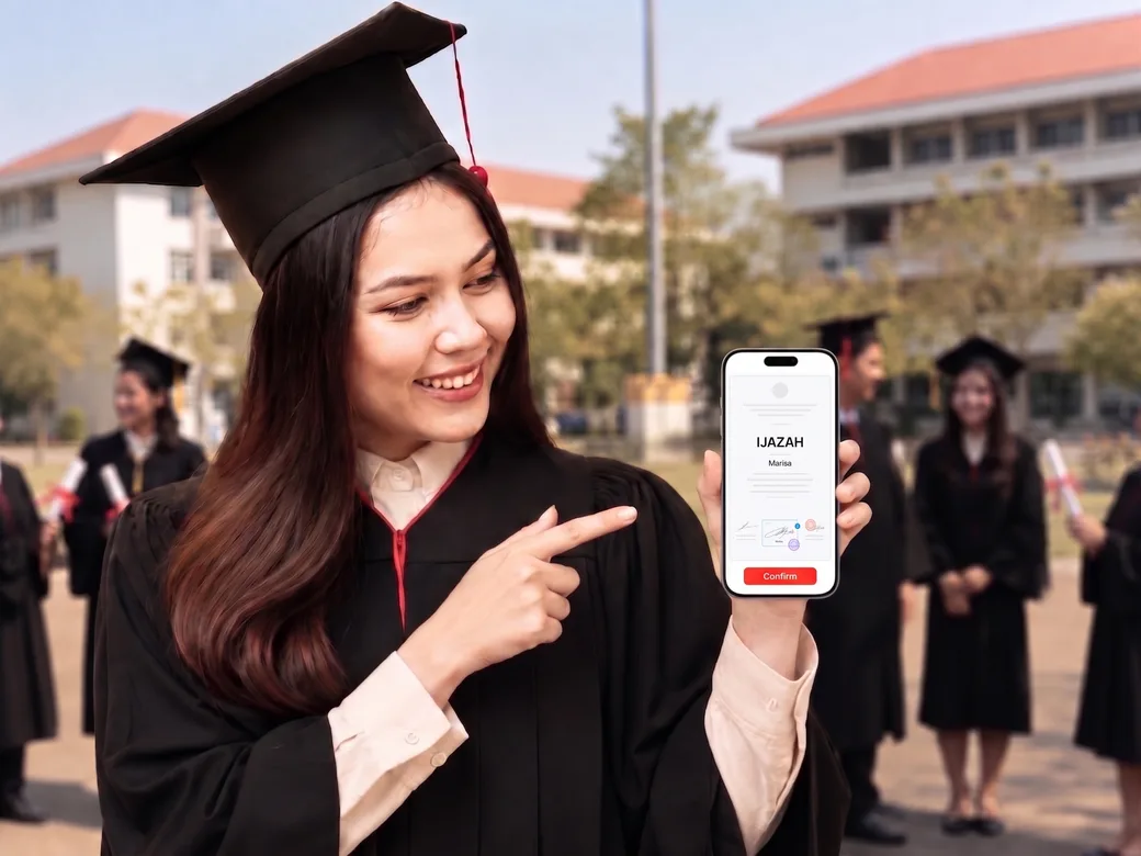A graduate in cap and gown holding a smartphone showing a digital diploma