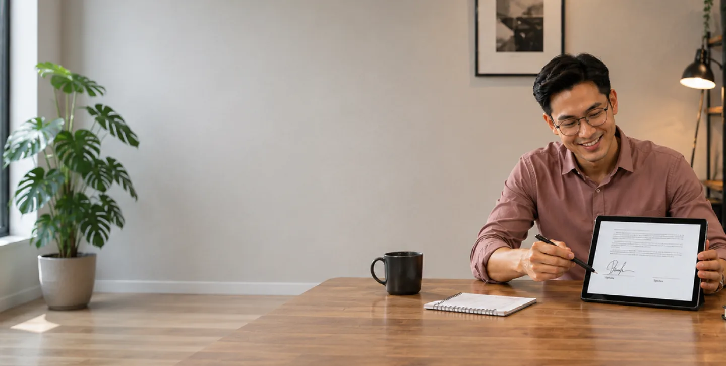 A man reviewing a signed document on his laptop