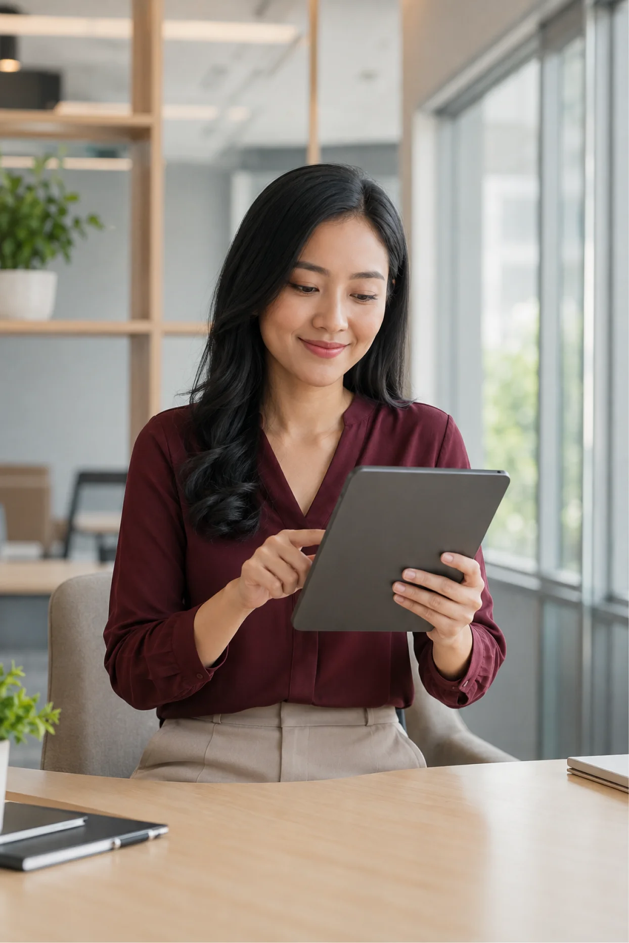 Woman reviewing warranty terms on a tablet
